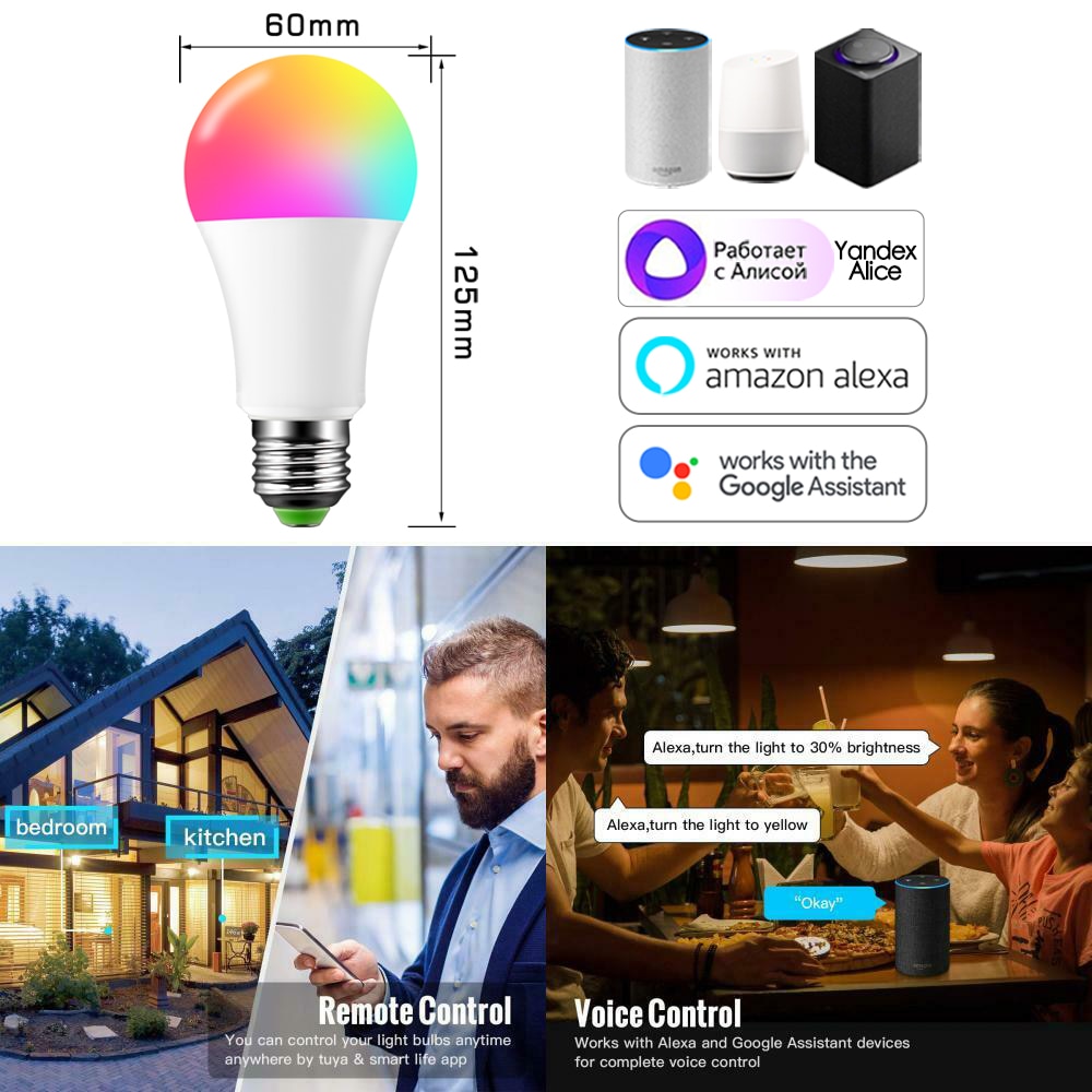 15W WiFi Smart Light Bulb LED RGB Work with Alexa/Google Home